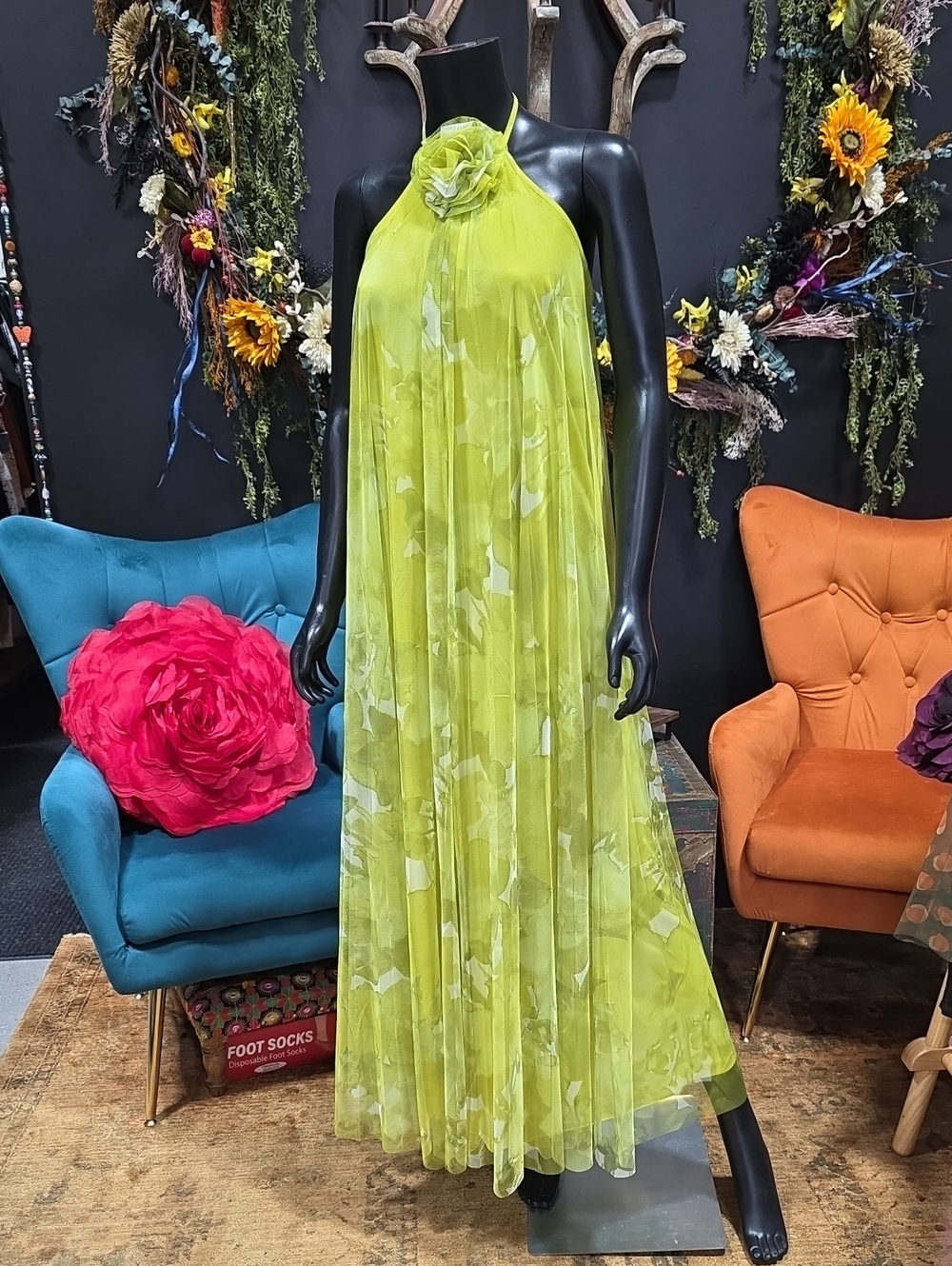Lovely Grace Lime Halter Maxi Dress with Rosette Neckline